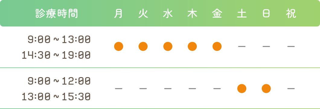 診療時間平日9時〜13時/14時半〜19時。土日9時〜12時/13時〜15時半